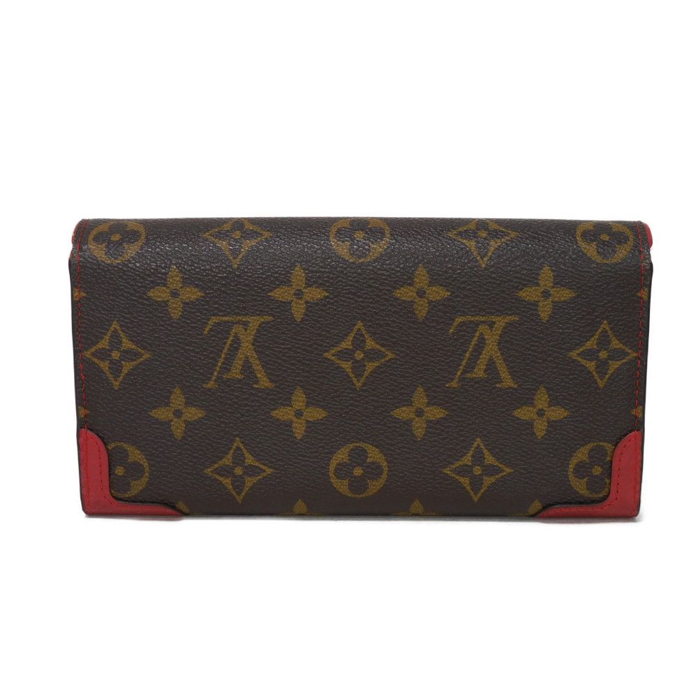 LOUIS VUITTON Long Wallet Purse M61184 Monogram canvas x Calfskin leather Slys LV Logo Flower Brown Red Bifold Wallet Monogram Retiro Portefeuille Sarah unisex(Unisex) Used Authentic