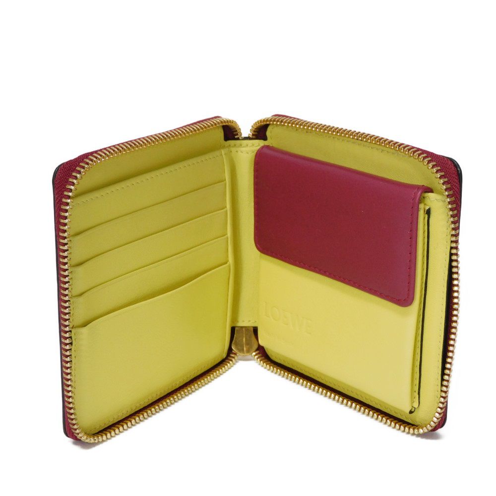 LOEWE Bifold Wallet 109.10.M88 Calfskin Raspberry x Yellow Smooth Calfskin Raspberry Yellow Zip Around anagram square zip wallet unisex(Unisex) Used Authentic