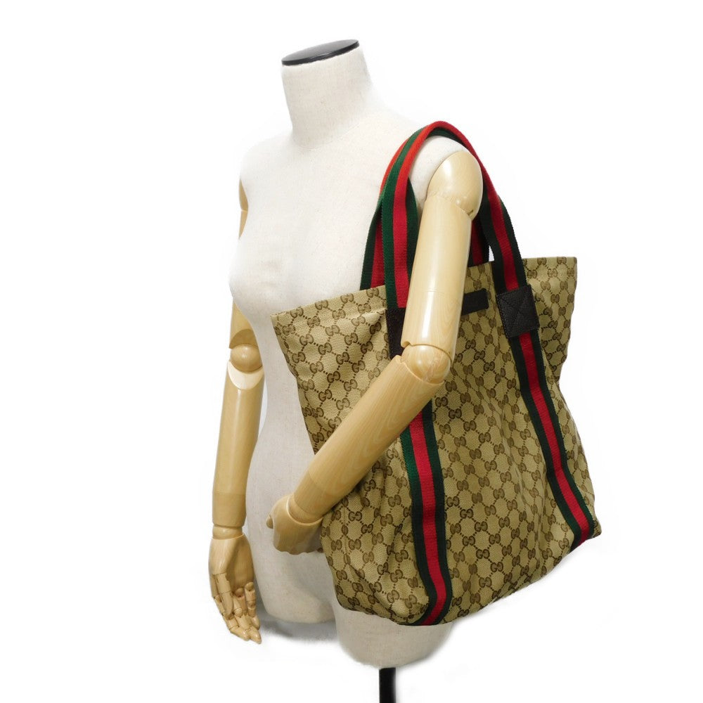 GUCCI Tote Bag 189669 GG canvas x calf leather (embossed) beige Web stripe logo A4 green red multicolor GG canvas Sherry Line Tote unisex(Unisex) Used Authentic