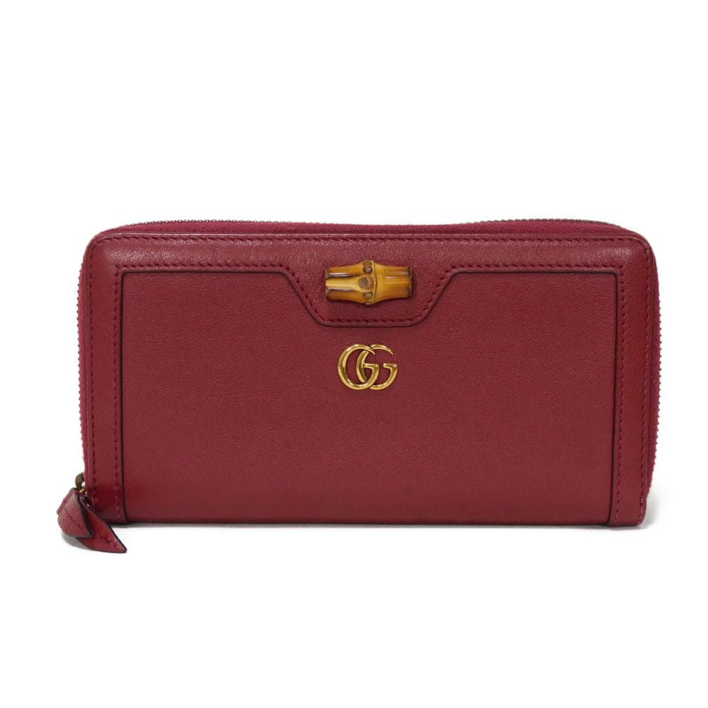 GUCCI Long Wallet Purse 658634 17Q0T 6207 Smooth Calfskin Leather Rosso Ancora Bamboo Smooth Calfskin GG Marmont Diana zip around wallet unisex(Unisex) Used Authentic