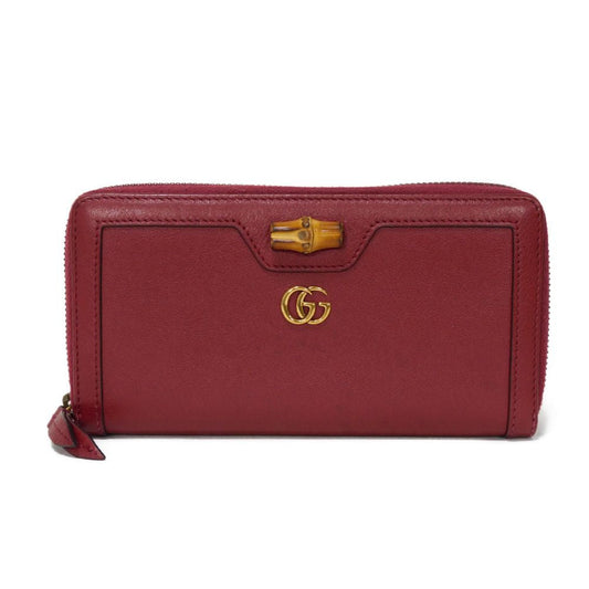 GUCCI Long Wallet Purse 658634 17Q0T 6207 Smooth Calfskin Leather Rosso Ancora Bamboo Smooth Calfskin GG Marmont Diana zip around wallet unisex(Unisex) Used Authentic