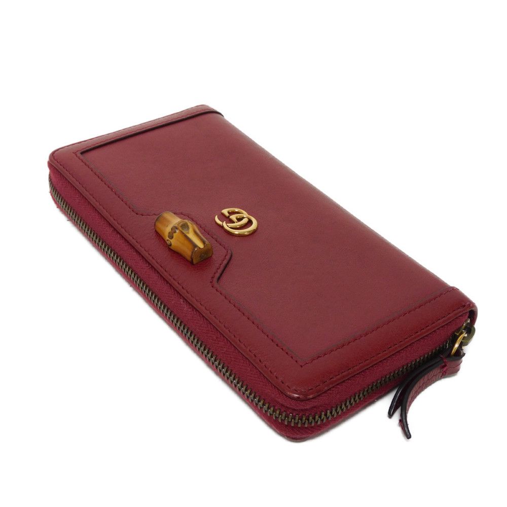 GUCCI Long Wallet Purse 658634 17Q0T 6207 Smooth Calfskin Leather Rosso Ancora Bamboo Smooth Calfskin GG Marmont Diana zip around wallet unisex(Unisex) Used Authentic