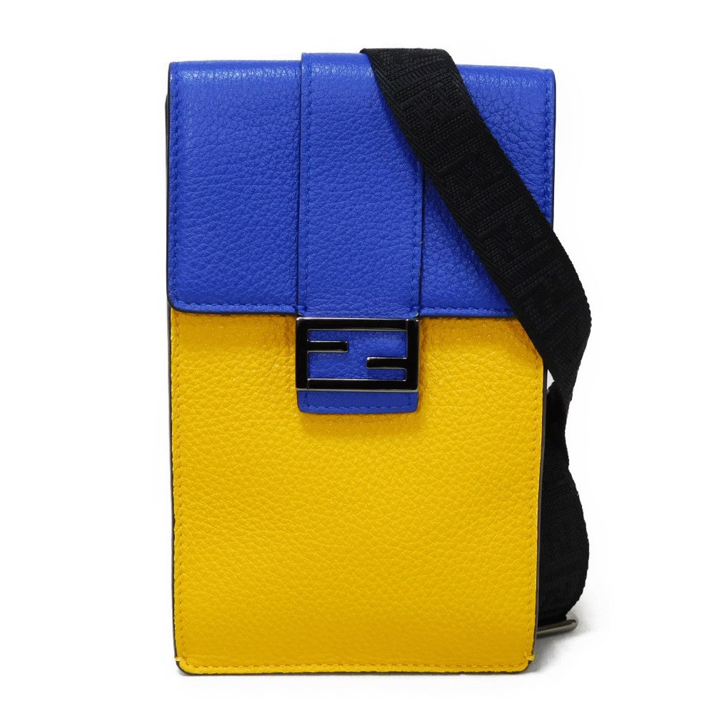 FENDI Shoulder Bag 7AS120 E1C  F1H8N Calf leather (embossed) Blue x Yellow x Red Tricolor Pochette Unused FF logo F is forever phone holder unisex(Unisex) Used Authentic