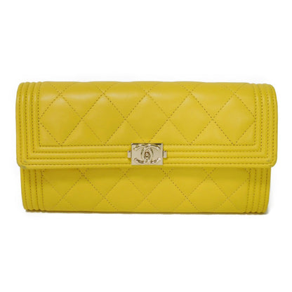 CHANEL Long Wallet Purse A80286 lambskin yellow COCO Mark Quilted Lambskin 27 Series Matrasse Boy Chanel Long Flap Wallet unisex(Unisex) Used Authentic