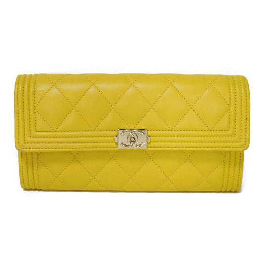 CHANEL Long Wallet Purse A80286 lambskin yellow COCO Mark Quilted Lambskin 27 Series Matrasse Boy Chanel Long Flap Wallet unisex(Unisex) Used Authentic
