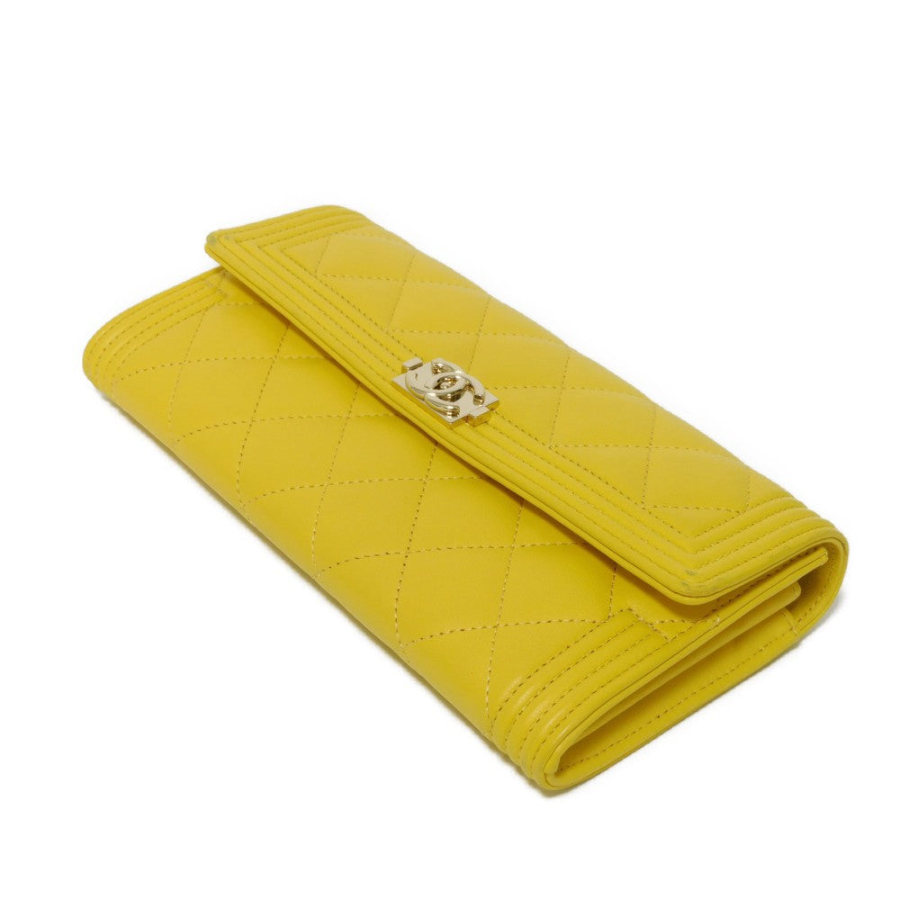 CHANEL Long Wallet Purse A80286 lambskin yellow COCO Mark Quilted Lambskin 27 Series Matrasse Boy Chanel Long Flap Wallet unisex(Unisex) Used Authentic