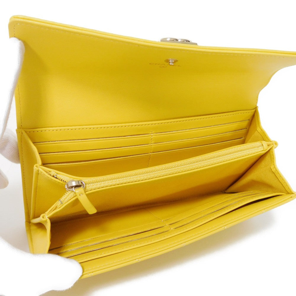 CHANEL Long Wallet Purse A80286 lambskin yellow COCO Mark Quilted Lambskin 27 Series Matrasse Boy Chanel Long Flap Wallet unisex(Unisex) Used Authentic