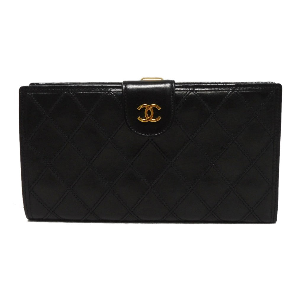CHANEL Long Wallet Purse A47152 Calfskin black Double stitch Bicolor Long Flap Wallet