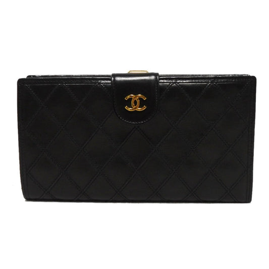 CHANEL Long Wallet Purse A47152 Calfskin black Double stitch Bicolor Long Flap Wallet