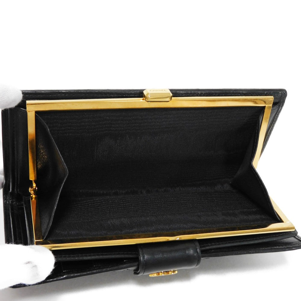CHANEL Long Wallet Purse A47152 Calfskin black Double stitch Bicolor Long Flap Wallet