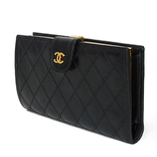 CHANEL Long Wallet Purse A47152 Calfskin black Double stitch Bicolor Long Flap Wallet
