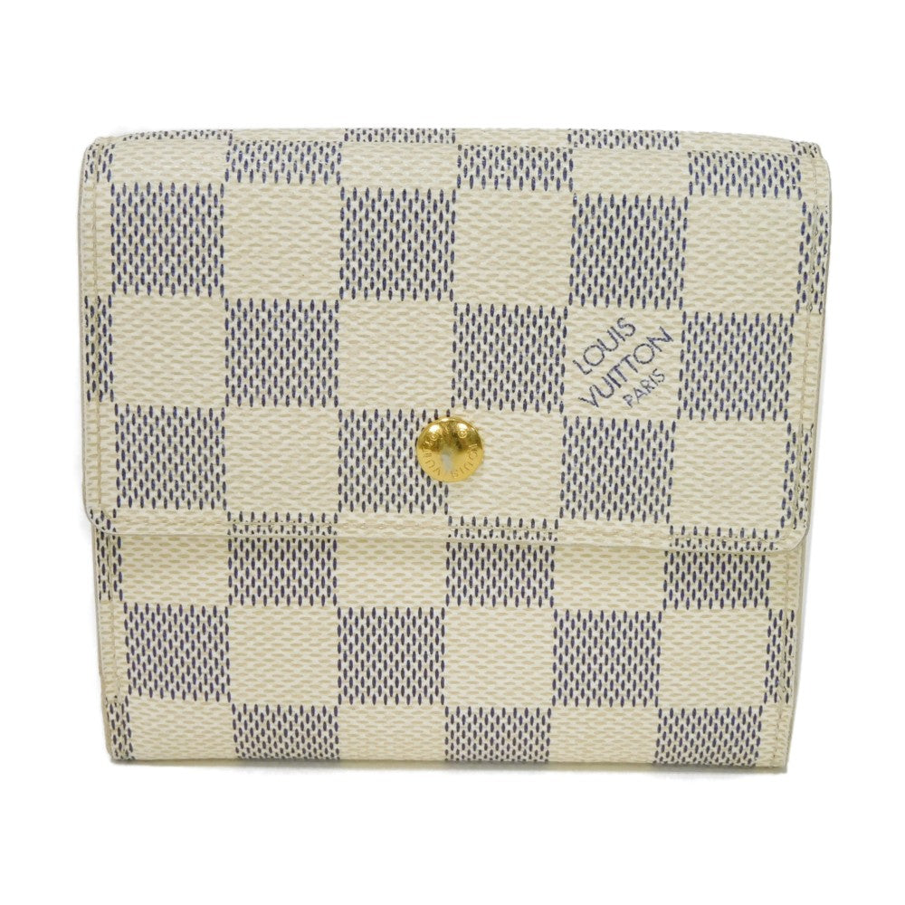 LOUIS VUITTON Tri-fold wallet N61733 Damier Azure Canvas x Grained Leather Ivory logo white gold W hook wallet Damier Azur Portefeuille Elise unisex(Unisex) Used Authentic