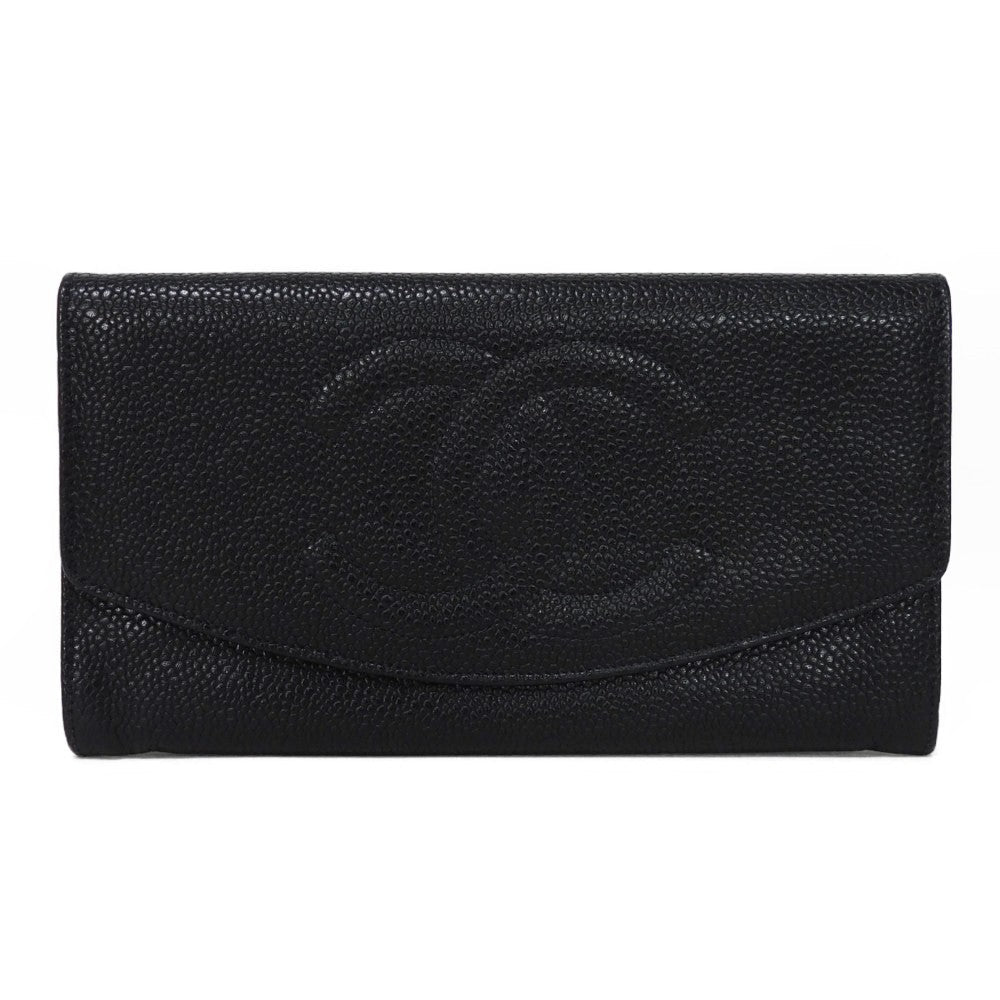CHANEL Long Wallet Purse A01434 Caviar skin black COCO Mark CC Mark 4th Series Vintage Big Coco Long flap wallet unisex(Unisex) Used Authentic