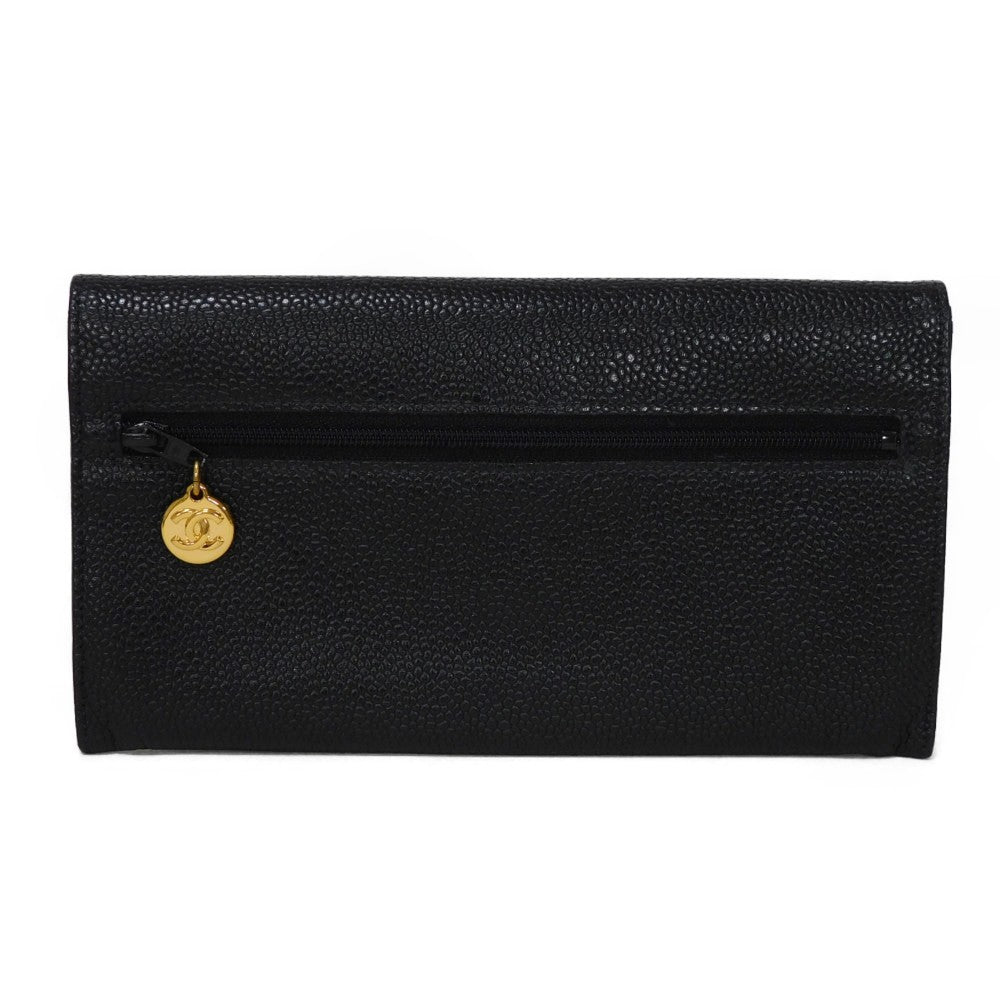 CHANEL Long Wallet Purse A01434 Caviar skin black COCO Mark CC Mark 4th Series Vintage Big Coco Long flap wallet unisex(Unisex) Used Authentic