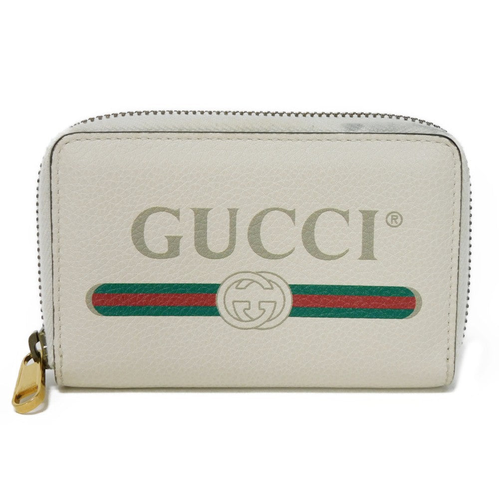 GUCCI Coin case 496319 0GCAT 8820 Textured leather Ivory x green x red Shelley Webb White Vintage logo print Compact zip-around wallet unisex(Unisex) Used Authentic