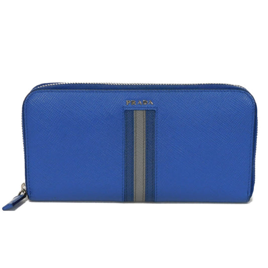 PRADA Long Wallet Purse 2ML317 Safiano leather (stamped) blue Gray Zip Around logo metal Saffiano striped round zip wallet unisex(Unisex) Used Authentic