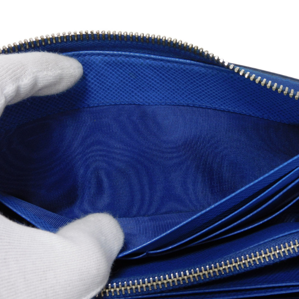 PRADA Long Wallet Purse 2ML317 Safiano leather (stamped) blue Gray Zip Around logo metal Saffiano striped round zip wallet unisex(Unisex) Used Authentic