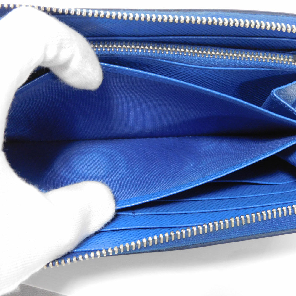 PRADA Long Wallet Purse 2ML317 Safiano leather (stamped) blue Gray Zip Around logo metal Saffiano striped round zip wallet unisex(Unisex) Used Authentic