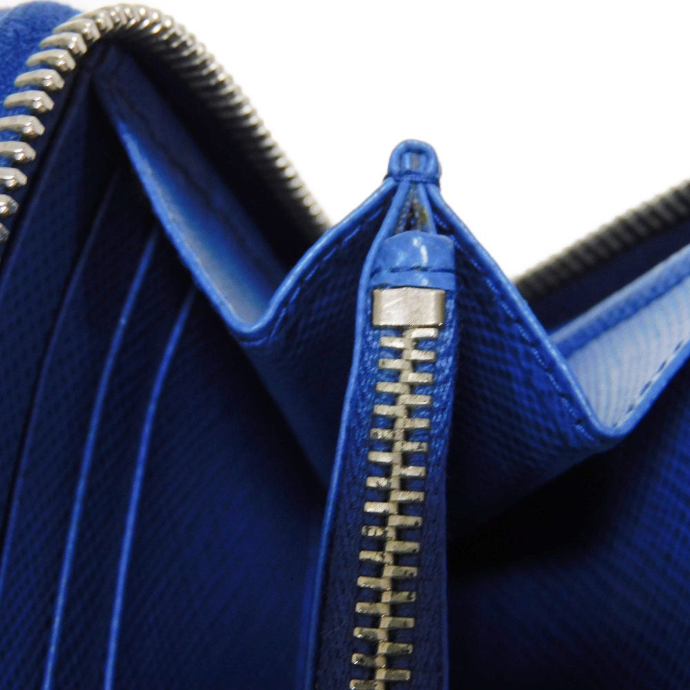 PRADA Long Wallet Purse 2ML317 Safiano leather (stamped) blue Gray Zip Around logo metal Saffiano striped round zip wallet unisex(Unisex) Used Authentic