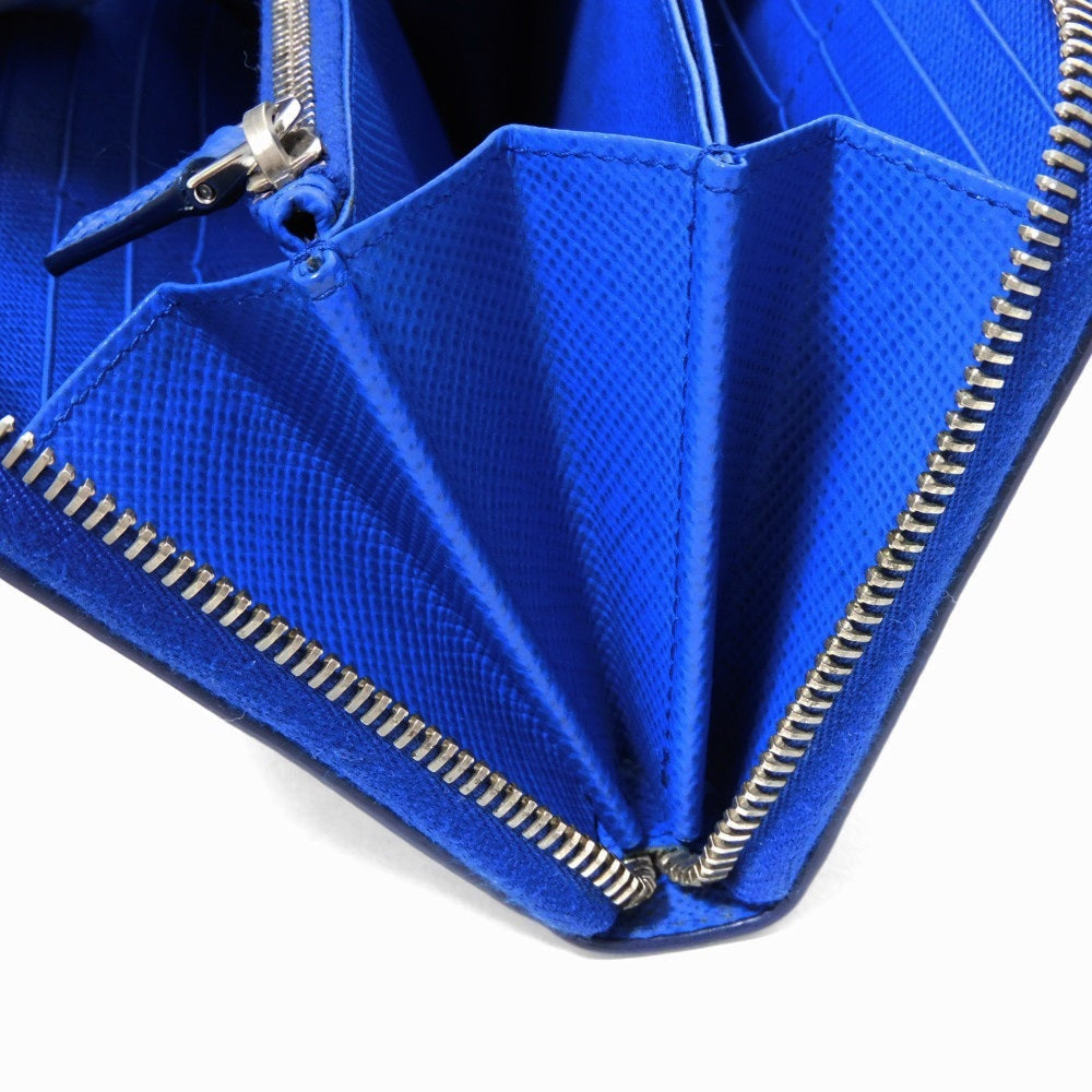 PRADA Long Wallet Purse 2ML317 Safiano leather (stamped) blue Gray Zip Around logo metal Saffiano striped round zip wallet unisex(Unisex) Used Authentic