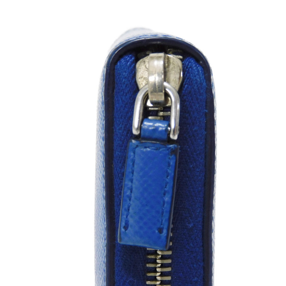PRADA Long Wallet Purse 2ML317 Safiano leather (stamped) blue Gray Zip Around logo metal Saffiano striped round zip wallet unisex(Unisex) Used Authentic