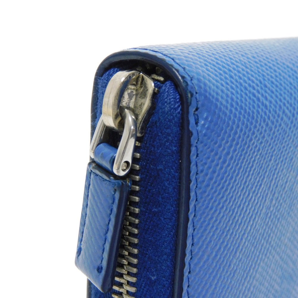 PRADA Long Wallet Purse 2ML317 Safiano leather (stamped) blue Gray Zip Around logo metal Saffiano striped round zip wallet unisex(Unisex) Used Authentic