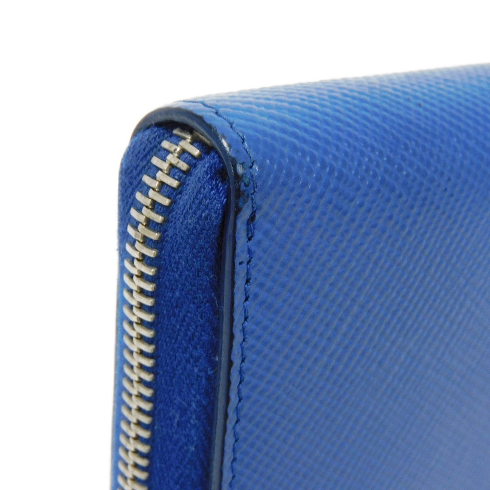 PRADA Long Wallet Purse 2ML317 Safiano leather (stamped) blue Gray Zip Around logo metal Saffiano striped round zip wallet unisex(Unisex) Used Authentic