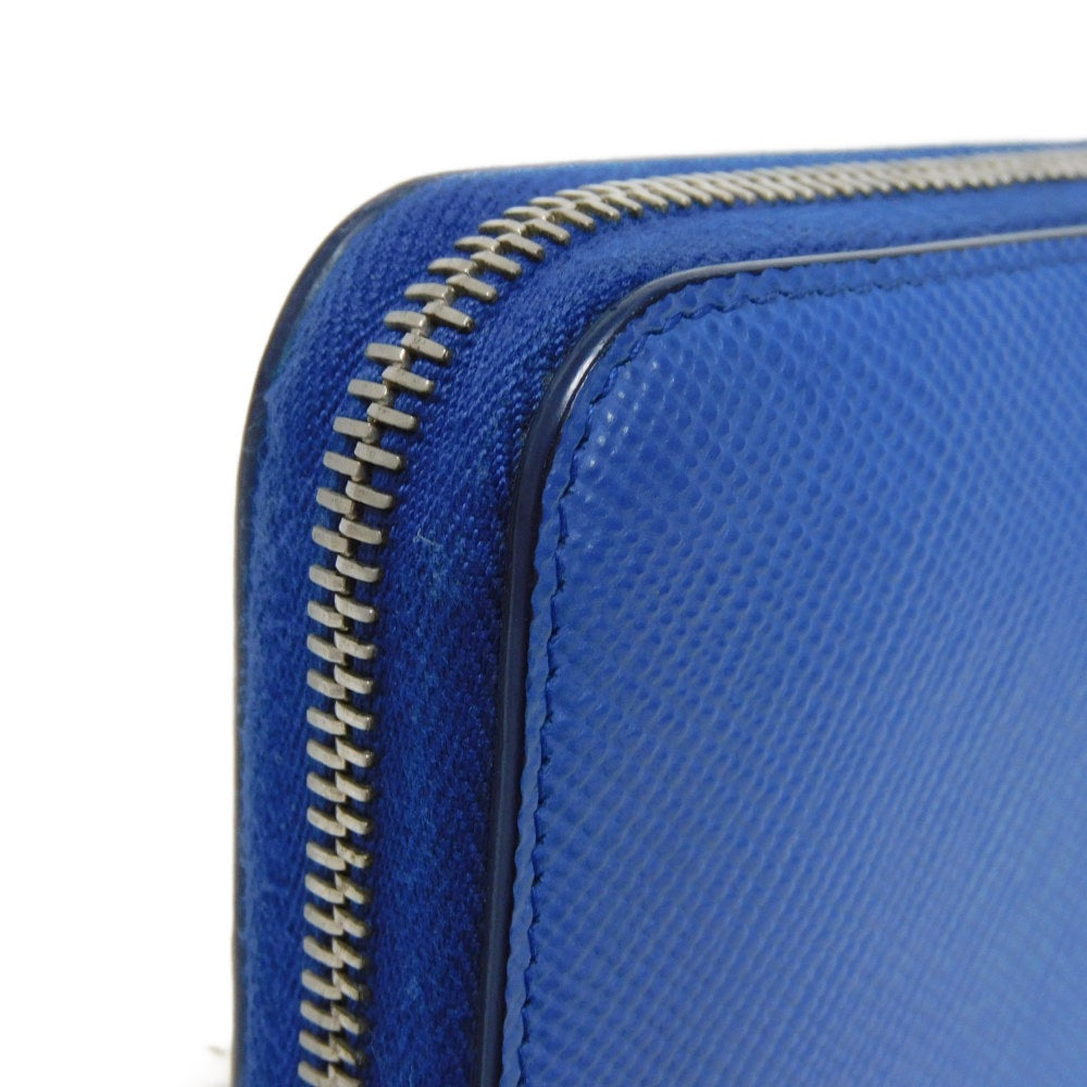 PRADA Long Wallet Purse 2ML317 Safiano leather (stamped) blue Gray Zip Around logo metal Saffiano striped round zip wallet unisex(Unisex) Used Authentic
