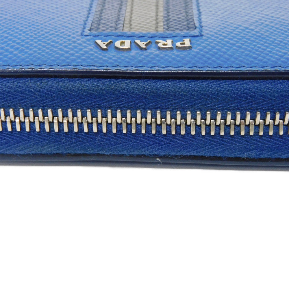 PRADA Long Wallet Purse 2ML317 Safiano leather (stamped) blue Gray Zip Around logo metal Saffiano striped round zip wallet unisex(Unisex) Used Authentic