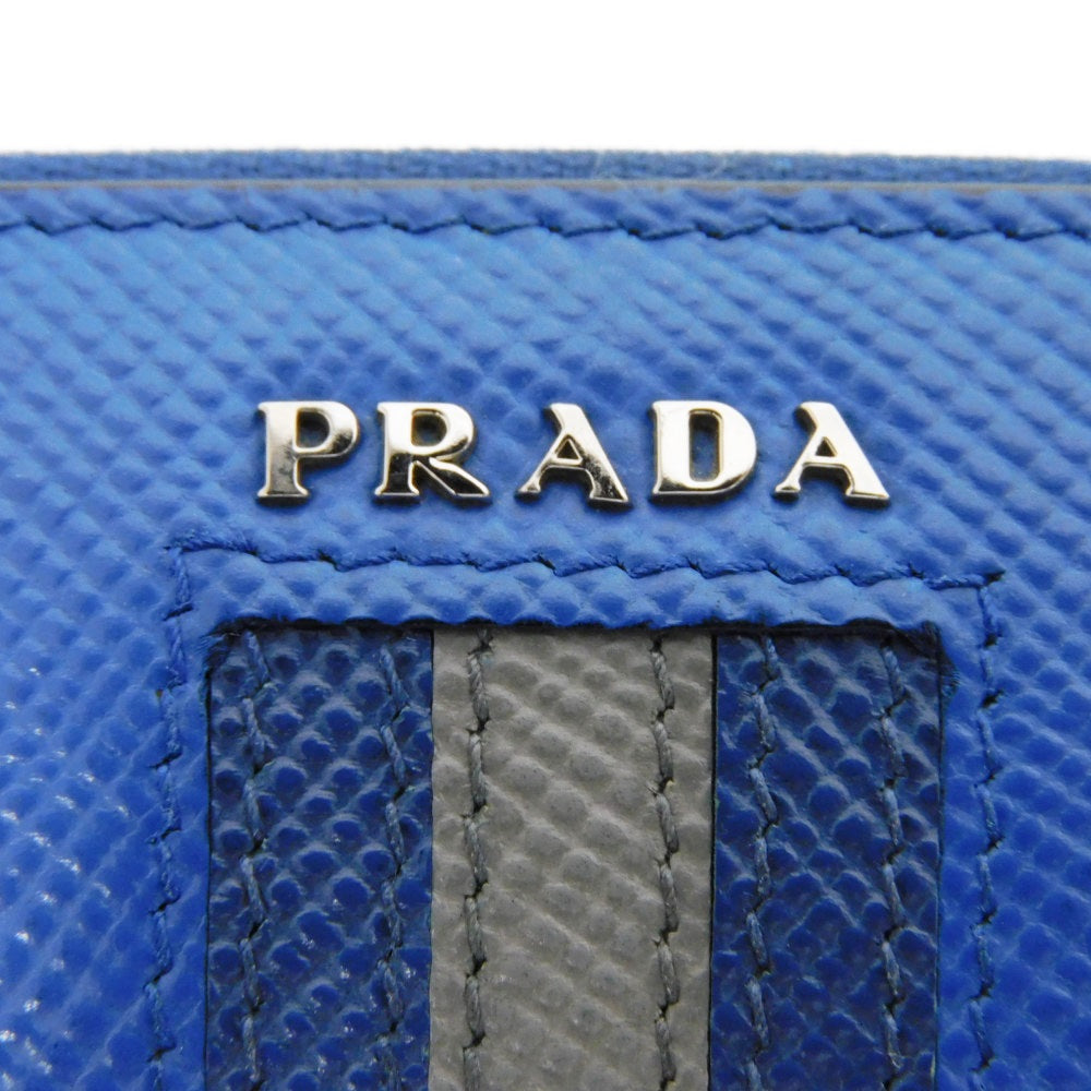 PRADA Long Wallet Purse 2ML317 Safiano leather (stamped) blue Gray Zip Around logo metal Saffiano striped round zip wallet unisex(Unisex) Used Authentic
