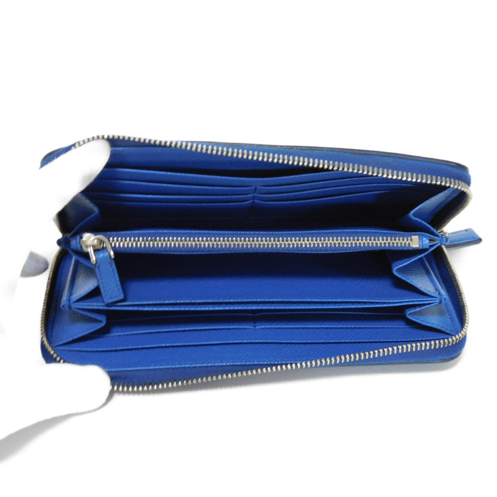 PRADA Long Wallet Purse 2ML317 Safiano leather (stamped) blue Gray Zip Around logo metal Saffiano striped round zip wallet unisex(Unisex) Used Authentic