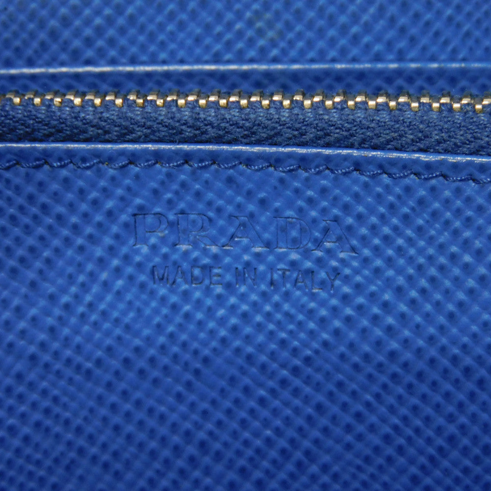 PRADA Long Wallet Purse 2ML317 Safiano leather (stamped) blue Gray Zip Around logo metal Saffiano striped round zip wallet unisex(Unisex) Used Authentic