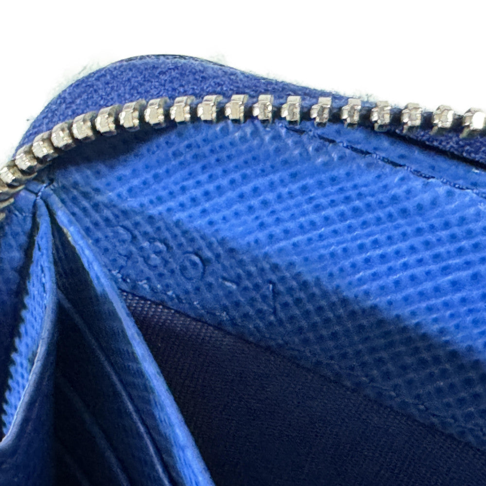 PRADA Long Wallet Purse 2ML317 Safiano leather (stamped) blue Gray Zip Around logo metal Saffiano striped round zip wallet unisex(Unisex) Used Authentic