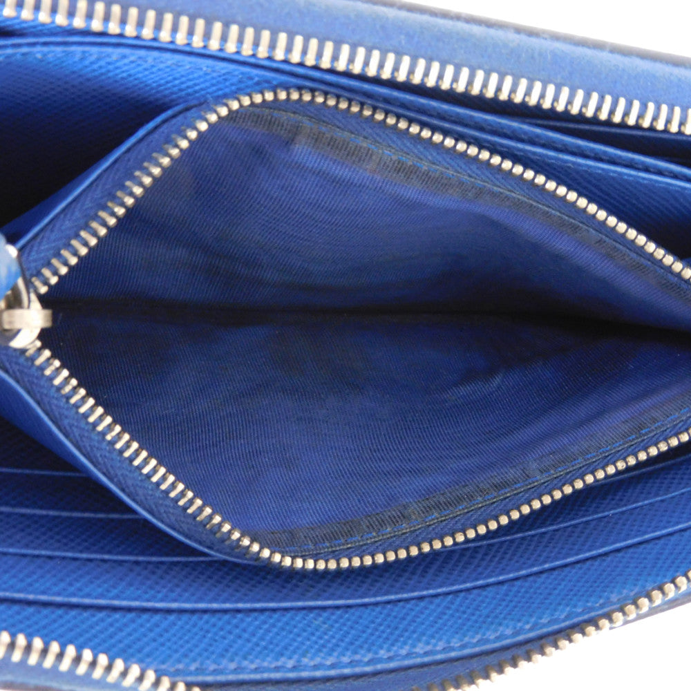 PRADA Long Wallet Purse 2ML317 Safiano leather (stamped) blue Gray Zip Around logo metal Saffiano striped round zip wallet unisex(Unisex) Used Authentic