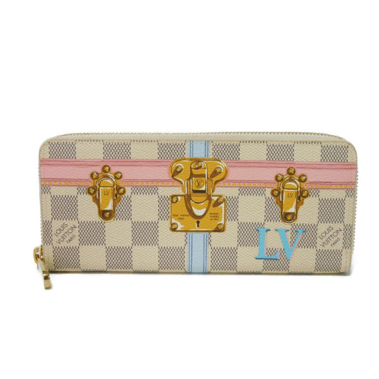 LOUIS VUITTON Long Wallet Purse N60109 Damier Azul Canvas (LV Trunk Print) x Grain Leather Rose valerine LV logo trompe l'oeil Damier As Summer Trunk Portefeuille Clemence Women Used Authentic