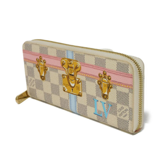 LOUIS VUITTON Long Wallet Purse N60109 Damier Azul Canvas (LV Trunk Print) x Grain Leather Rose valerine LV logo trompe l'oeil Damier As Summer Trunk Portefeuille Clemence Women Used Authentic