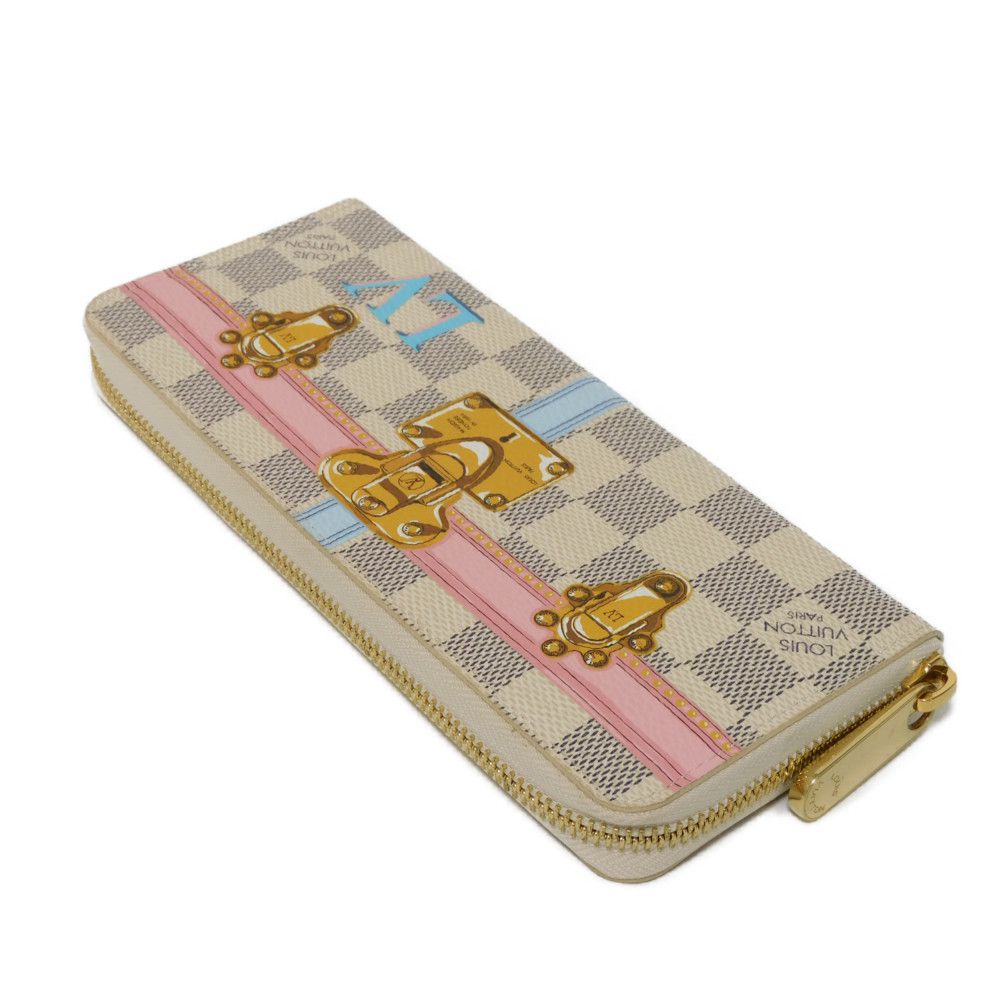 LOUIS VUITTON Long Wallet Purse N60109 Damier Azul Canvas (LV Trunk Print) x Grain Leather Rose valerine LV logo trompe l'oeil Damier As Summer Trunk Portefeuille Clemence Women Used Authentic