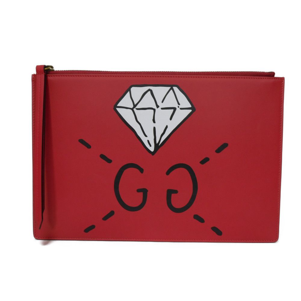 GUCCI Clutch bag 445597 Smooth Calfskin Leather Red Double G Paint GG logo ghost pouch