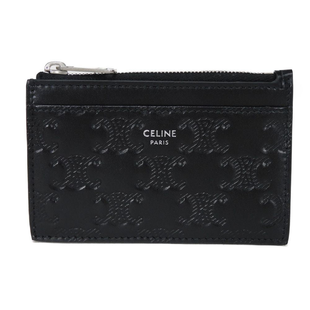 CELINE Coin case 10F993FQD.38SI Calfskin black Current Card Case unused New logo Triomphe embossed zip card holder mens Used Authentic