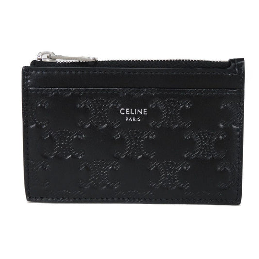 CELINE Coin case 10F993FQD.38SI Calfskin black Current Card Case unused New logo Triomphe embossed zip card holder mens Used Authentic