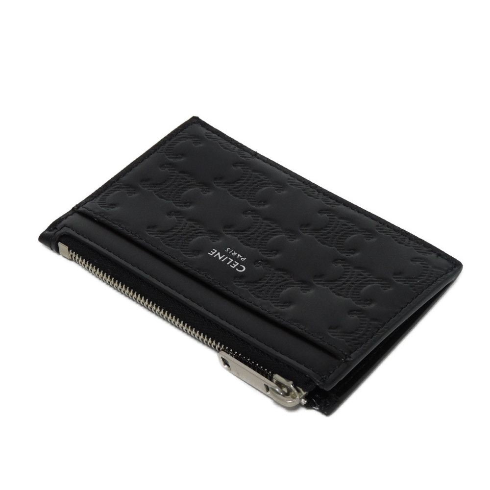 CELINE Coin case 10F993FQD.38SI Calfskin black Current Card Case unused New logo Triomphe embossed zip card holder mens Used Authentic