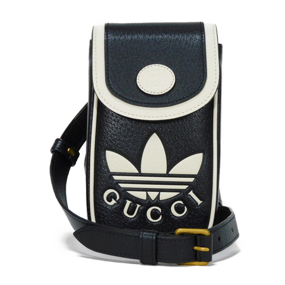 GUCCI Shoulder Bag 721794 AAA8K 8495 Textured leather black Trefoil logo white in good condition Interlocking G Adidas Phone Holder mens Used Authentic