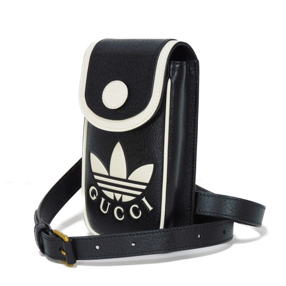 GUCCI Shoulder Bag 721794 AAA8K 8495 Textured leather black Trefoil logo white in good condition Interlocking G Adidas Phone Holder mens Used Authentic