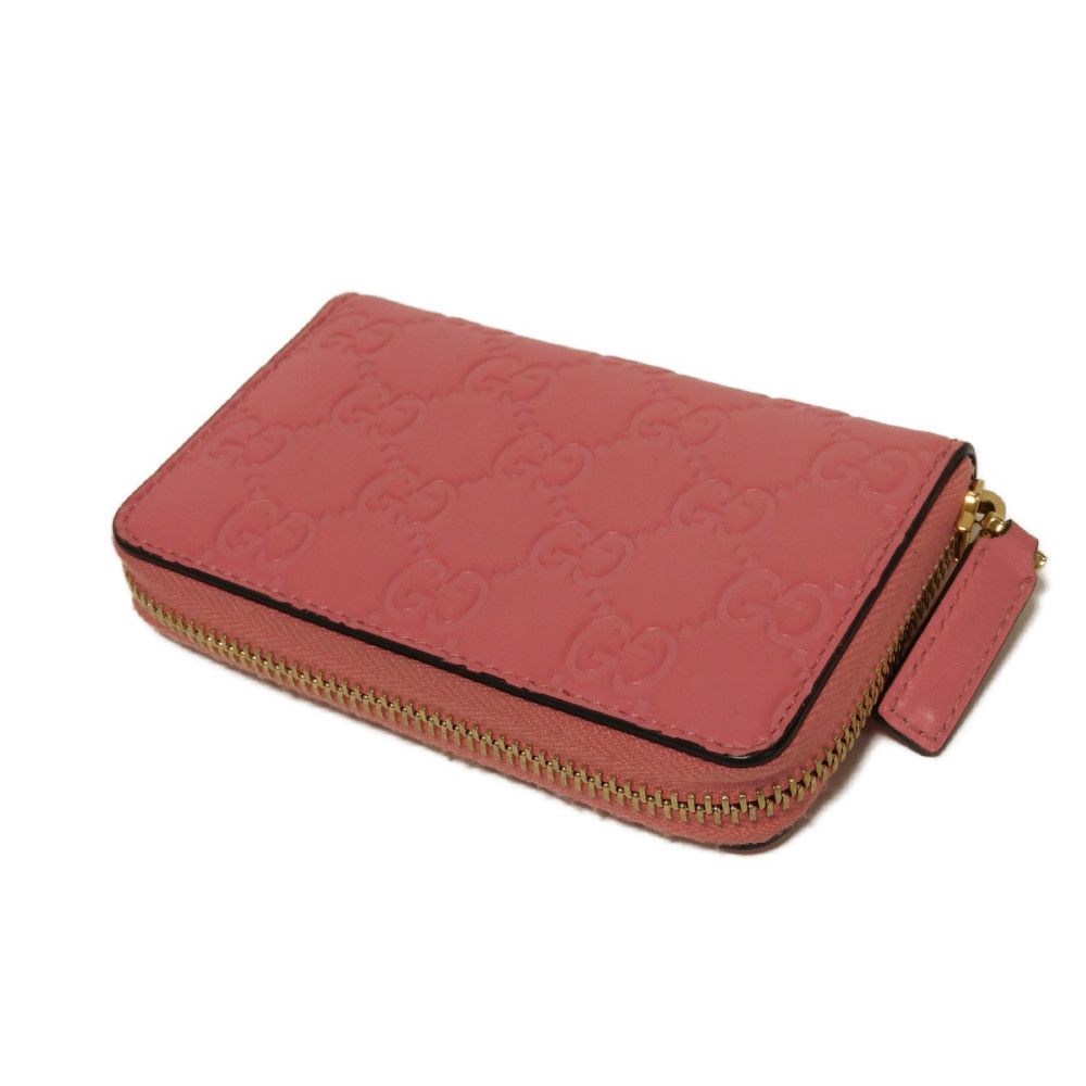 GUCCI Coin case 255452 GG striped leather pink Double G Embossed Card Case Zip Around GG Shima Guccissima coin purse unisex(Unisex) Used Authentic