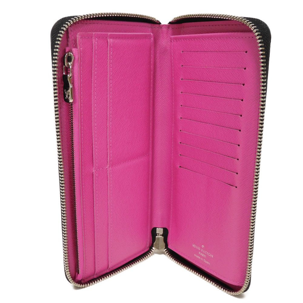 LOUIS VUITTON Long Wallet Purse M30780 Taiga leather x monogram canvas Rose Neon Pink New Zip Around Taiga Lama Monogram Zippy Wallet Vertical mens Used Authentic