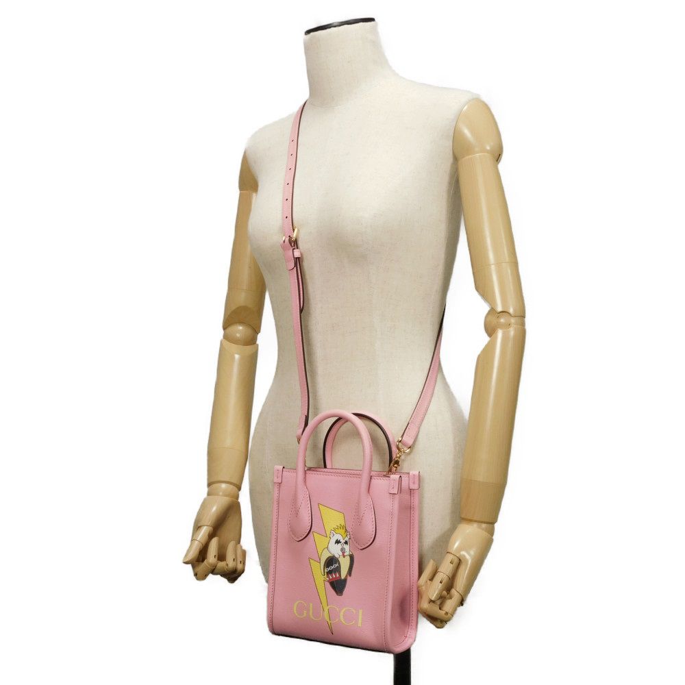 GUCCI Shoulder Bag 671623 U22AG 5964 Textured leather Light pink Banana Bolt Inazuma Pastel 2WAY Crossbody logo Bananya Mini Tote unisex(Unisex) Used Authentic