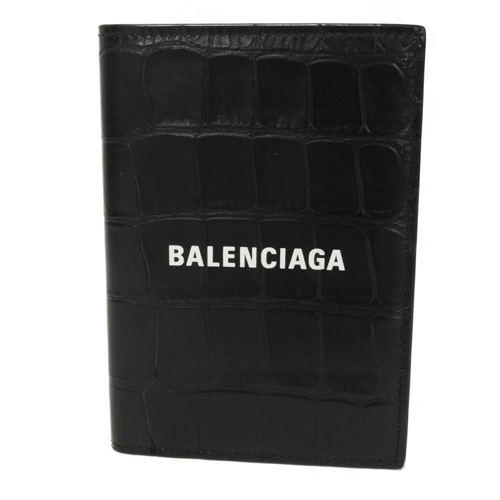 BALENCIAGA Bifold Wallet 655683 1ROP3 1000 Calfskin (crocodile embossed) black Croc Calfskin Card Case Billfold New logo Cash Bar Tikal Wallet mens Used Authentic