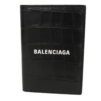 BALENCIAGA Bifold Wallet 655683 1ROP3 1000 Calfskin (crocodile embossed) black Croc Calfskin Card Case Billfold New logo Cash Bar Tikal Wallet mens Used Authentic