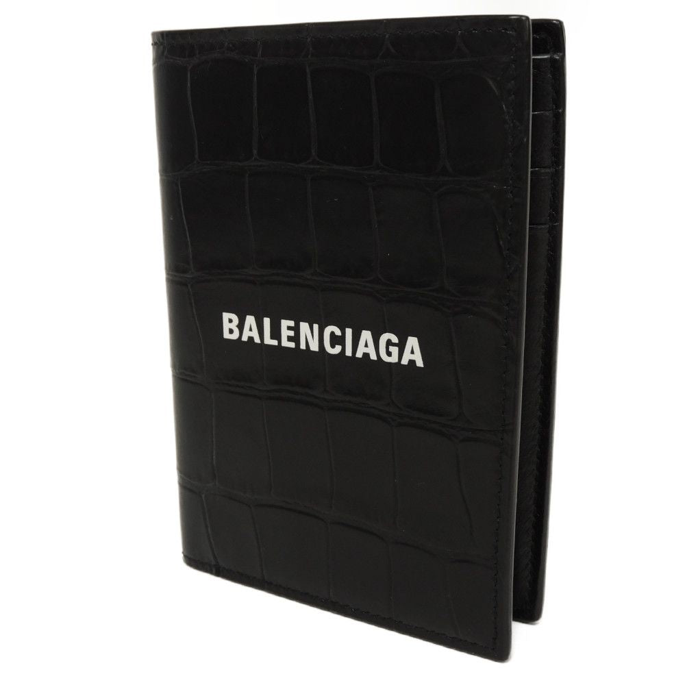 BALENCIAGA Bifold Wallet 655683 1ROP3 1000 Calfskin (crocodile embossed) black Croc Calfskin Card Case Billfold New logo Cash Bar Tikal Wallet mens Used Authentic