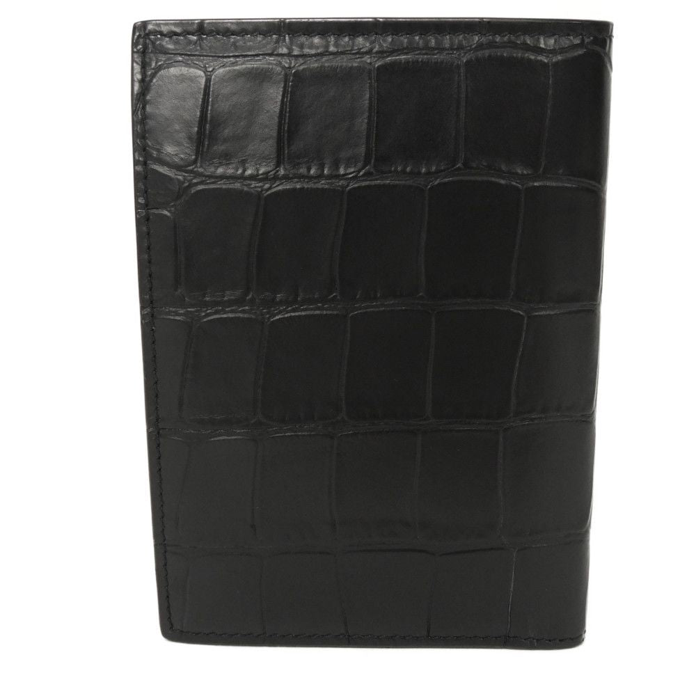 BALENCIAGA Bifold Wallet 655683 1ROP3 1000 Calfskin (crocodile embossed) black Croc Calfskin Card Case Billfold New logo Cash Bar Tikal Wallet mens Used Authentic